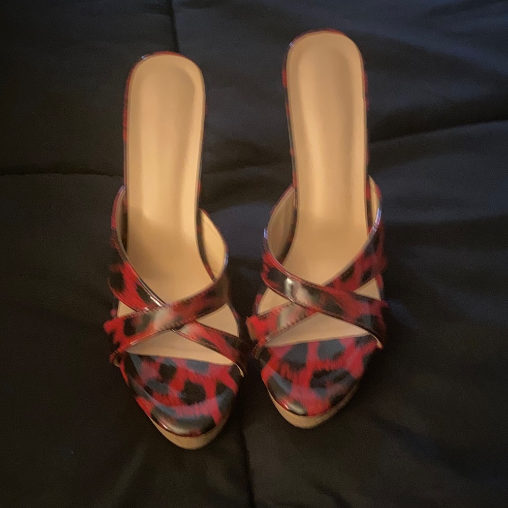 Red Leopard Print Open-Toe Mule Heels